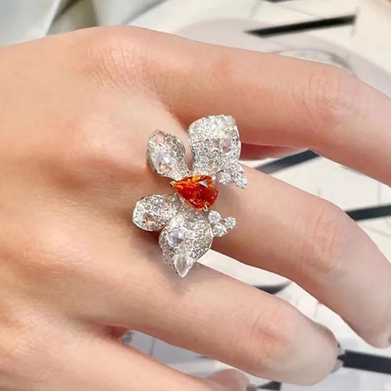 New Butterfly Design Fashion Sterling Silver  High-grade Inlaid Zircon Butterfly Open Ring Luxury Cocktail Ring for Women