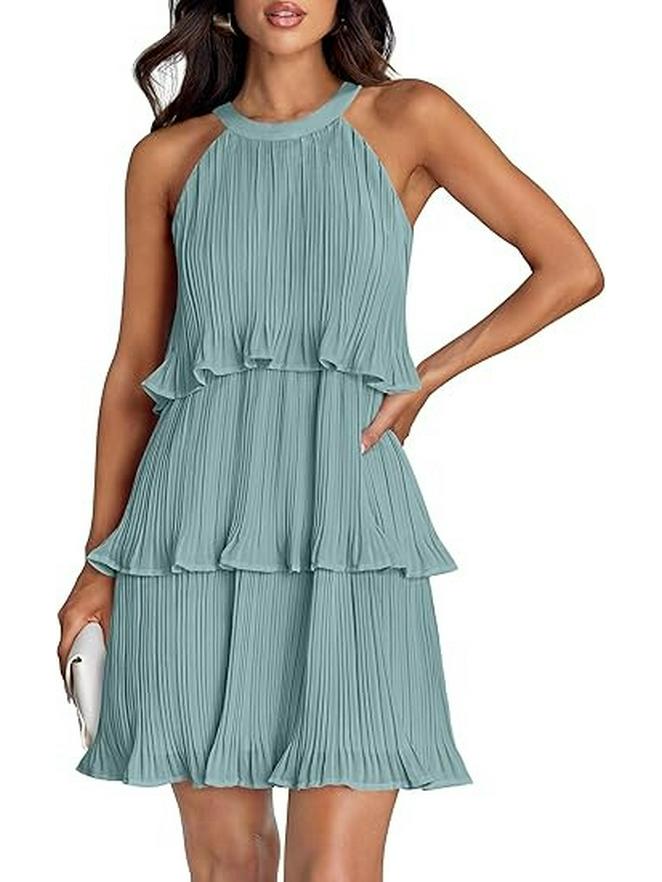 2026 European Sleeveless Patchwork Pleated Hem Women's Dress