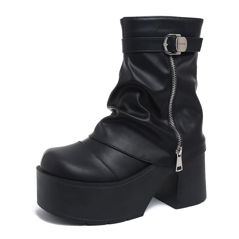 

9СМ До середины икры Высокая платформа Массивный каблук Тренд Панк Готика New Rock Кожа Мода Женские ботинки Мотоциклетная обувь Размер 42 35 чёрный