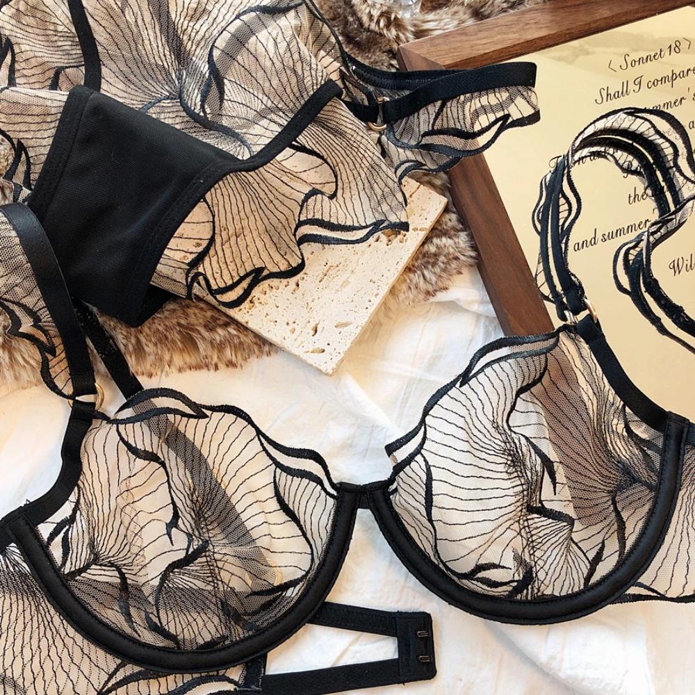 French Ultra Thin Underwear Set Sexy Mesh Breathable Bras Women Summer Lace Lingerie Black Temptation Intimates Briefs Sets