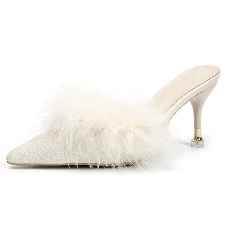 Fairy Wind Fluffy Half Slippers Female Outer Summer Sandals Medium Heel Versatile Pointed Stiletto High Heels Bag Head Sandals