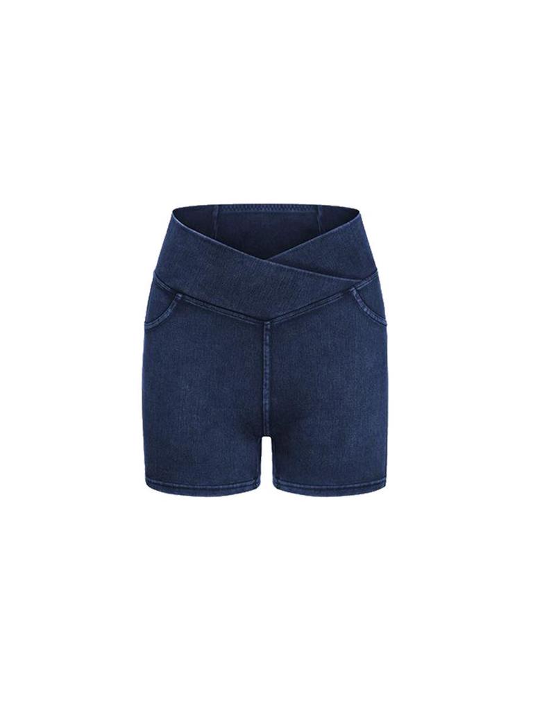 European & American Women's High-Waisted Butt-Lifting Denim Yoga Shorts with Pockets, Slimming 3/4 Length.
