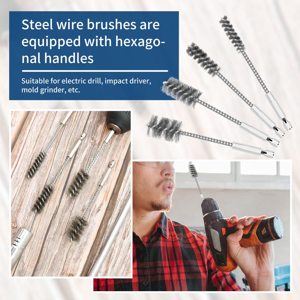 8 Pcs Stainless Steel Pipe Cleaning Brush Set 3/8" Hexagonal Bar Twisted Wire Hole Brush Cleaning Brush Bristle Wire Brush Hole