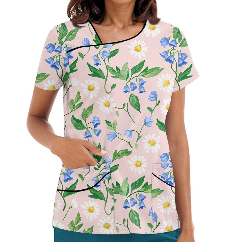 Women's Printed Work Clothes, Sloping Collar And Double Layer Pockets, Basic Top Pullover