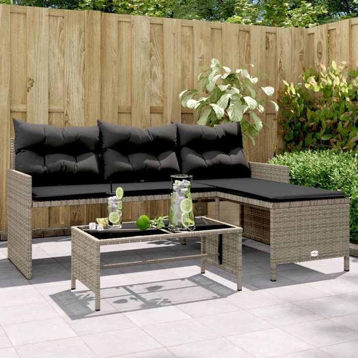 VidaXL Canapé de Jardin avec Table et Coussins en Forme de L, Siège de Patio, Meuble de Terrasse Balco Extérieur, Gris 365574