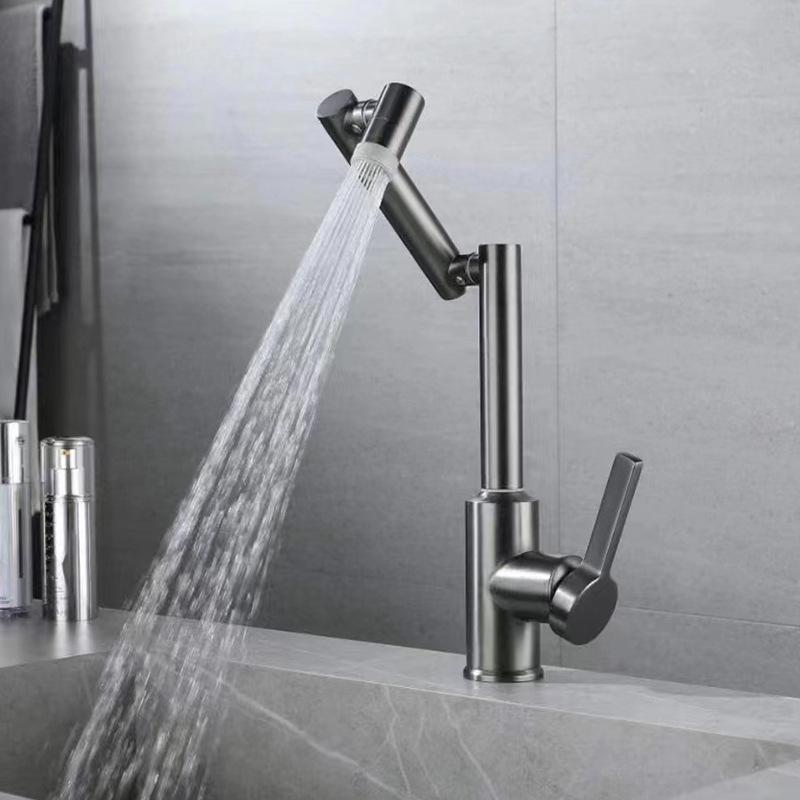 Grey 304 Stainless Steel Swivel Basin Faucet Deck Mounted Hot and Cold Mixer Tap Single Hole Single Handle Bathroom Tap