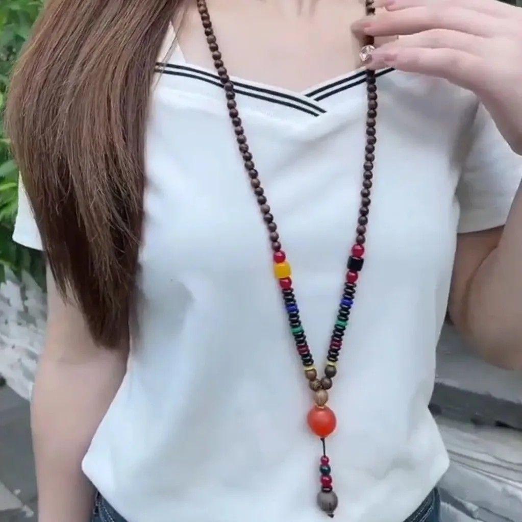 Ethnic Style Wood Necklace & Prayer Beads - Unisex Versatile Chicken Wing Wood Sweater Chain