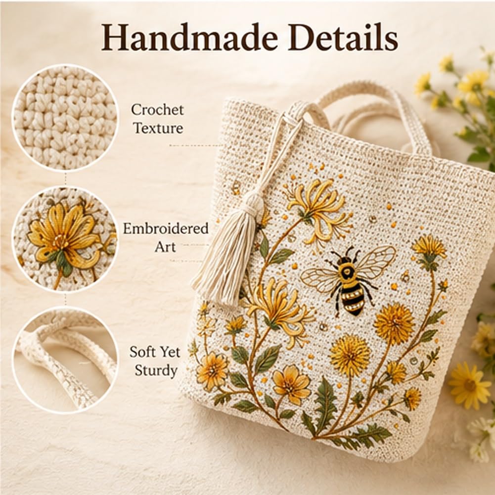 Women's Crochet Embroidered Bag for Shopping, Beach and Casual Outings