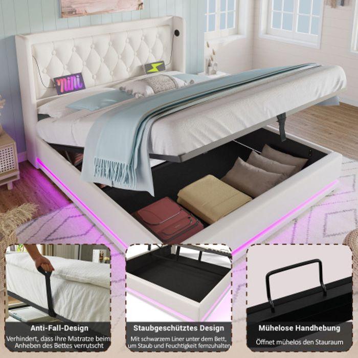 Gepolstertes Doppelbett - MUVOE - 140x200 cm - Hydraulischer Stauraum - USB Typ-C - Weiß PU