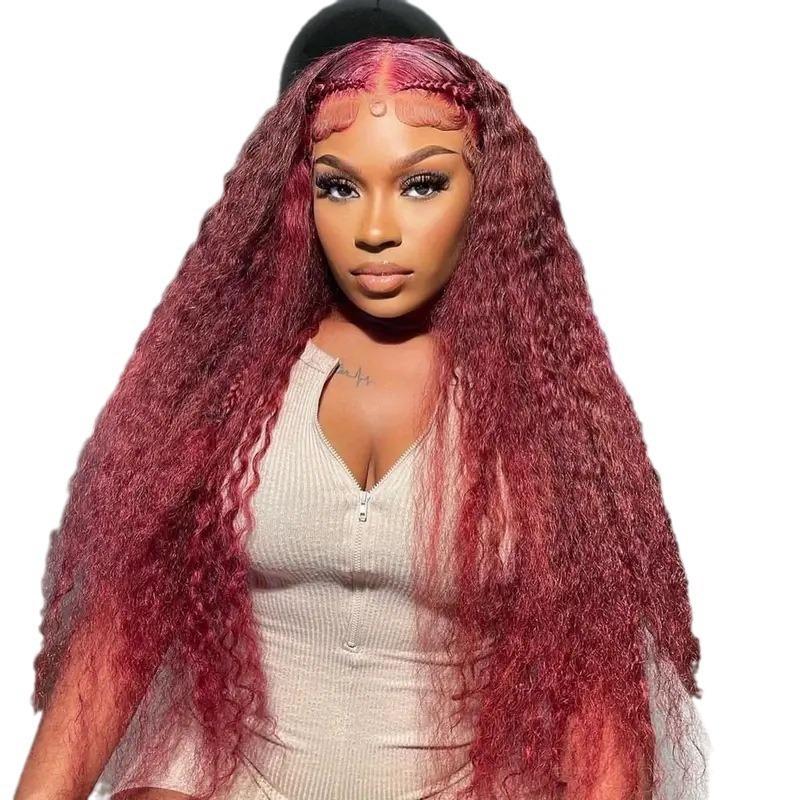 Fashion Front Lace Wine Red Wig Hot Selling Small Coiled Tube Afro Long Curly Wig Wig