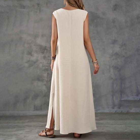 Rochie Maxi Fără Mâneci pentru Femei, Decolteu în V, Despicătură Laterală, Rochie Lungă, Rochie Casual de Vară cu Volan, Rochie Boho de Plajă pentru Vacanță