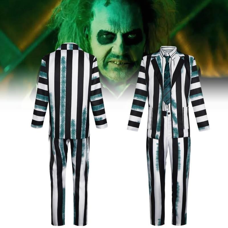 Snygg Beetlejuice Cosplay-dräkt med gröna, svarta och vita ränder Mjukt tyg
