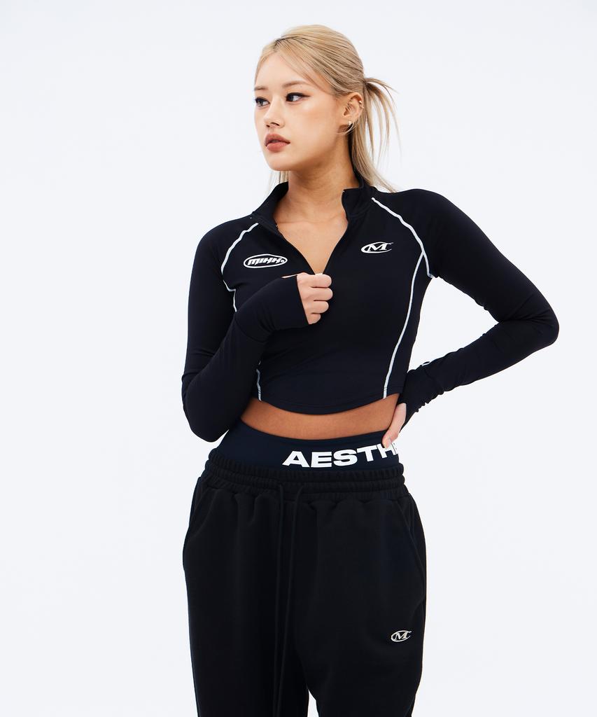 Mihag Track Logo Crop Half-Zip Long Sleeve (Black)