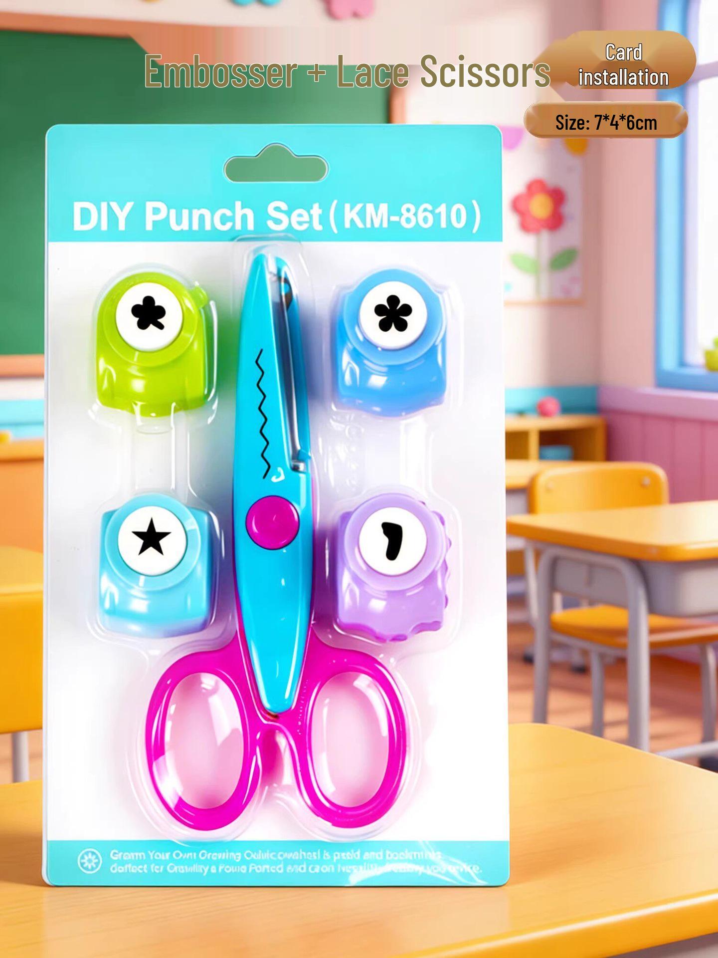 Children s Craft Set: Embossing Tool, Lace Scissors, Flower Punch, and DIY Paper Cutting Materials