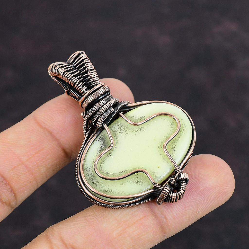 Serpentine Gemstone Pendant Copper Wire Wrapped Pendant Green Chalcedony Pendant Wire Wrap Jewelry Handmade Pendant Copper Jewelry For Gift