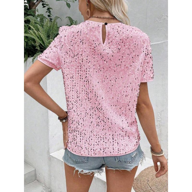 Top da Donna Rosa con Paillettes a Manica Corta Girocollo Casual da Festa Vestibilità Larga Camicetta Maglietta