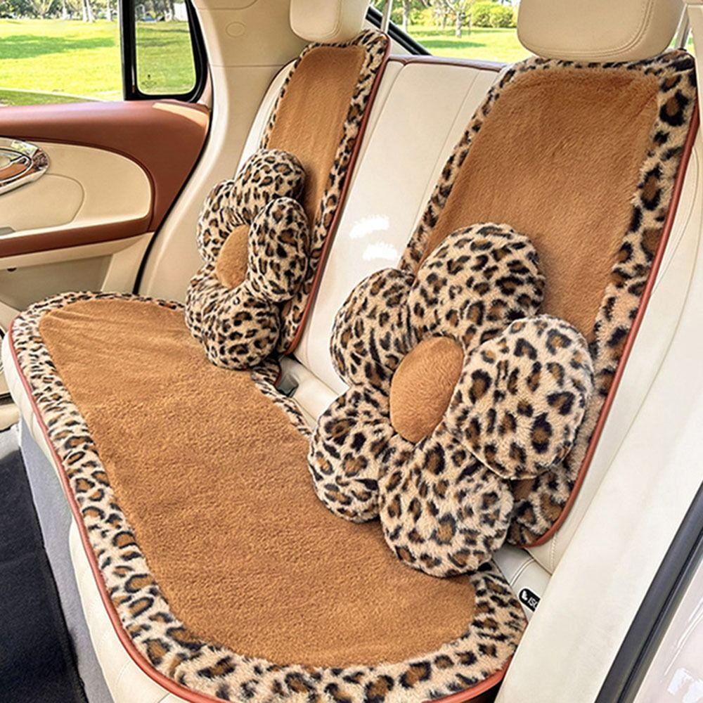Comfortable Car Seat Decoration Bow Plush Seat Cushion Leopard Print Car Headrest  Cushion Front