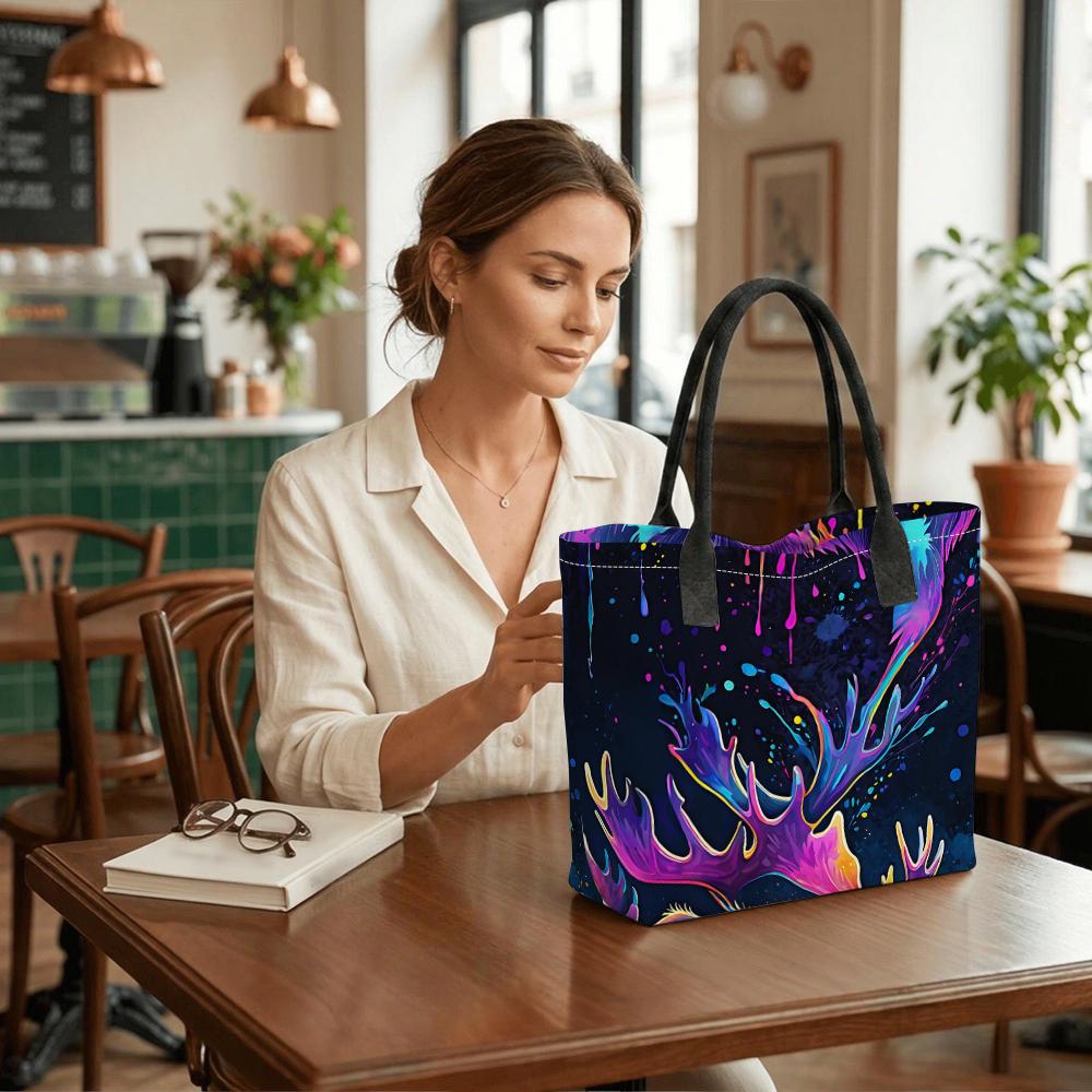 Colorful Neon Deer Art Tote Bag Fashion Large Capacity Casual Shoulder Handbag for Daily Use