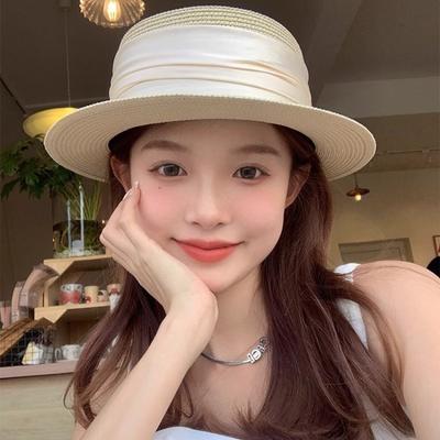 Flat Top Straw Hat Strapped Women's Summer Visor, Satin Versatile Straw Fashion Top Hat, Seaside Beach Hat