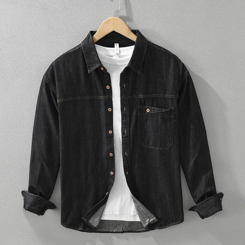 Korean Retro Style Mens Long Sleeve Denim Shirt Pure Cotton Jean Shirt Spring and Summer Casual Shirt Lapel Collar M чёрный