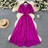 French High-end V-neck Bubble Sleeve Three-dimensional Flower Waist Ruffle Edge Chiffon Dress Women's Elegant Long Skirt