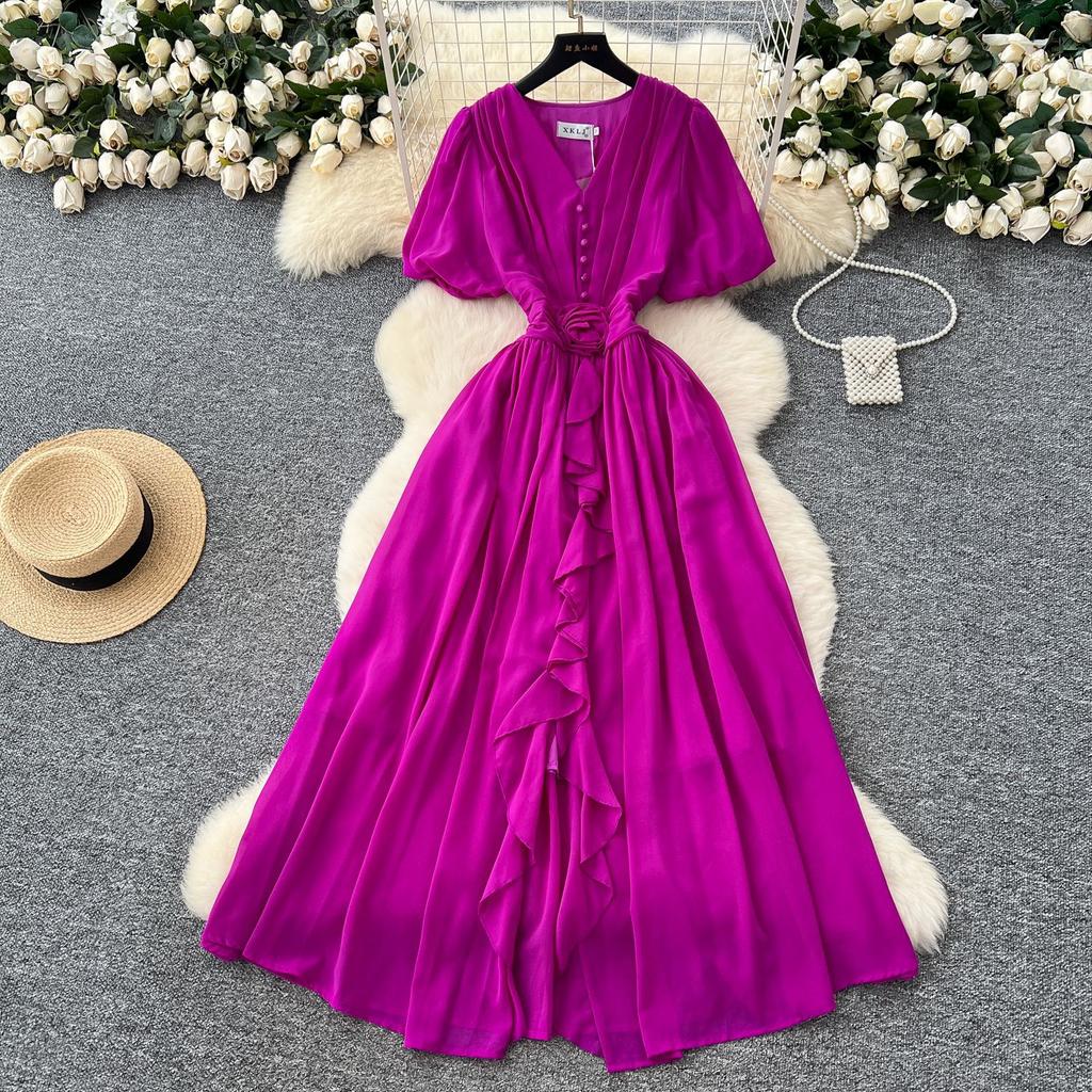 French High-end V-neck Bubble Sleeve Three-dimensional Flower Waist Ruffle Edge Chiffon Dress Women's Elegant Long Skirt