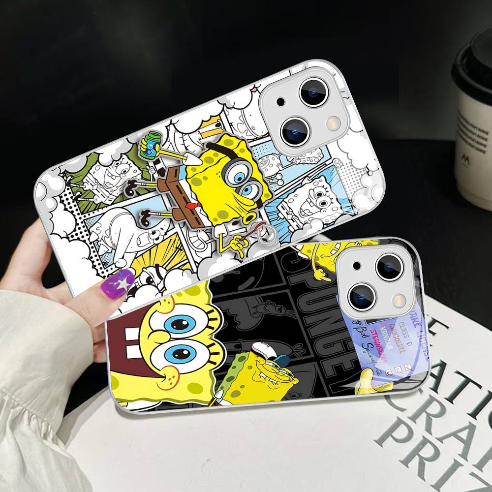 Cartoon Niedlich S-SpongeBob Anime Gehärtetes Glas Für Iphone 14 13 12 11 Pro Mini XS MAX 14Plus X XS XR Hüllen