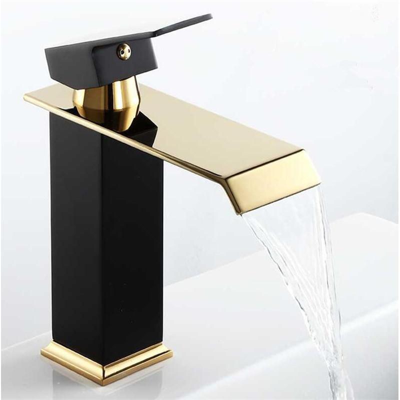 Basin Faucet Gold and Black Waterfall Faucet Brass Bathroom Faucet Bathroom Basin Faucet Mixer Tap Hot and Cold Sink Faucet
