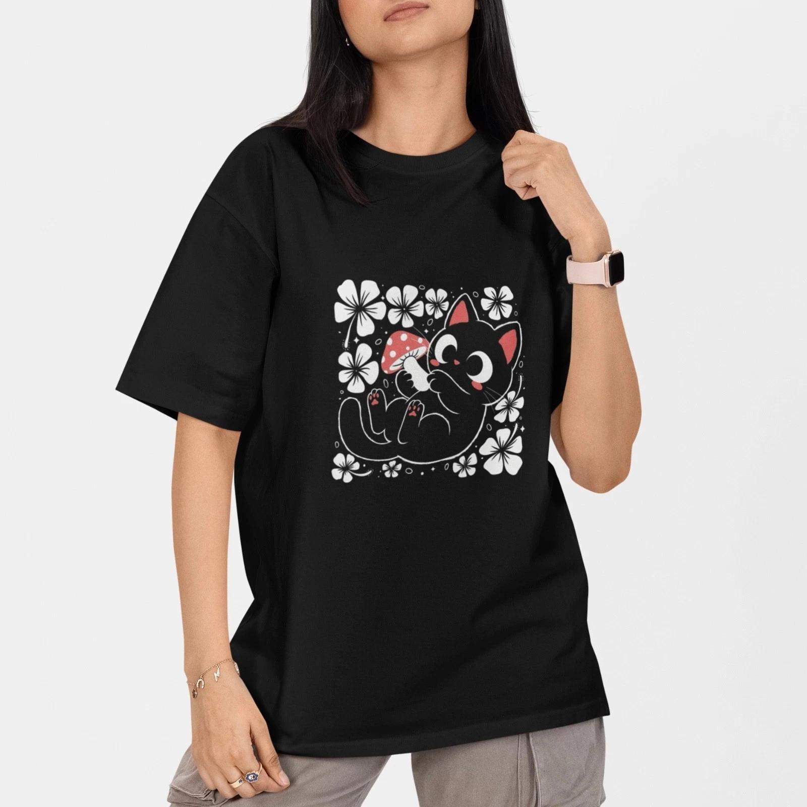 Cute Black Cat Mushroom T Shirt Kawaii Kitty Floral Graphic Tee Gift 100% Cotton XS