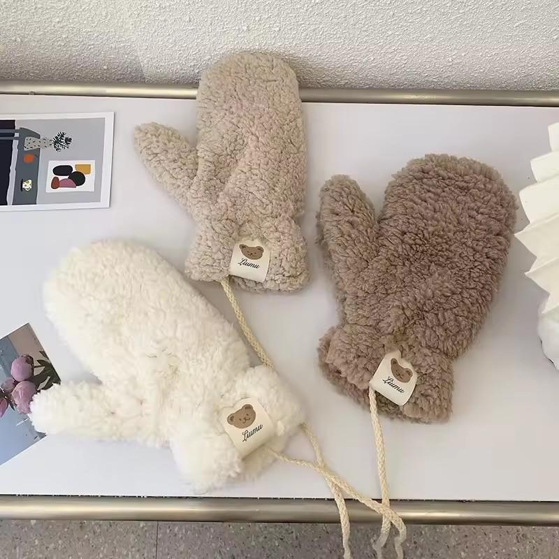 Kawaii Gants Chauds en Peluche Doux Hiver Épais Sans Doigts Coréens Japonais Gants Ours avec Cordons Mitaines Décontractées d'Extérieur pour l'Équitation Chaud