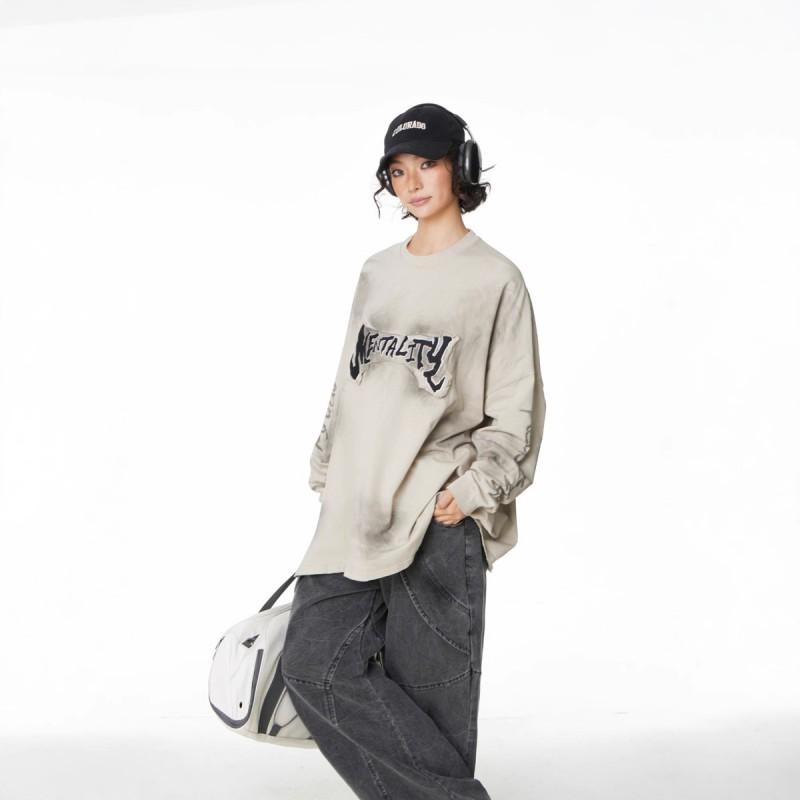 Vintage Washed Graffiti Long Sleeve T-Shirt Unisex Oversized Streetwear Top Cotton Casual Fall