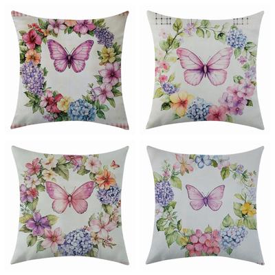 New Easter Flower Butterfly Linen Pillowcase for Festive Decoration and Car Cushion Cover