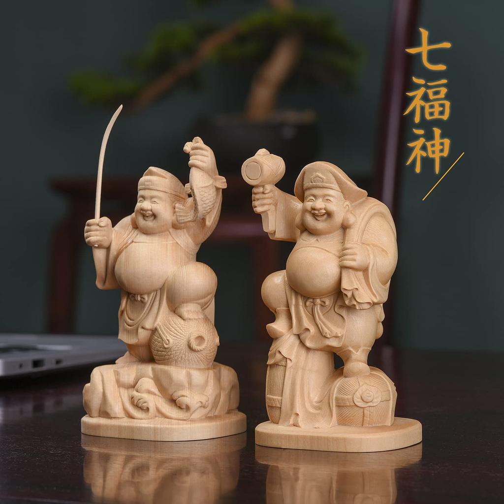 Hanro Art Carving Daikokuten and Ebisu Buddhist Wood Hinoki Brought Good Business and Protection from Evil H x W x Figurine, Statue, Carving, Wood,