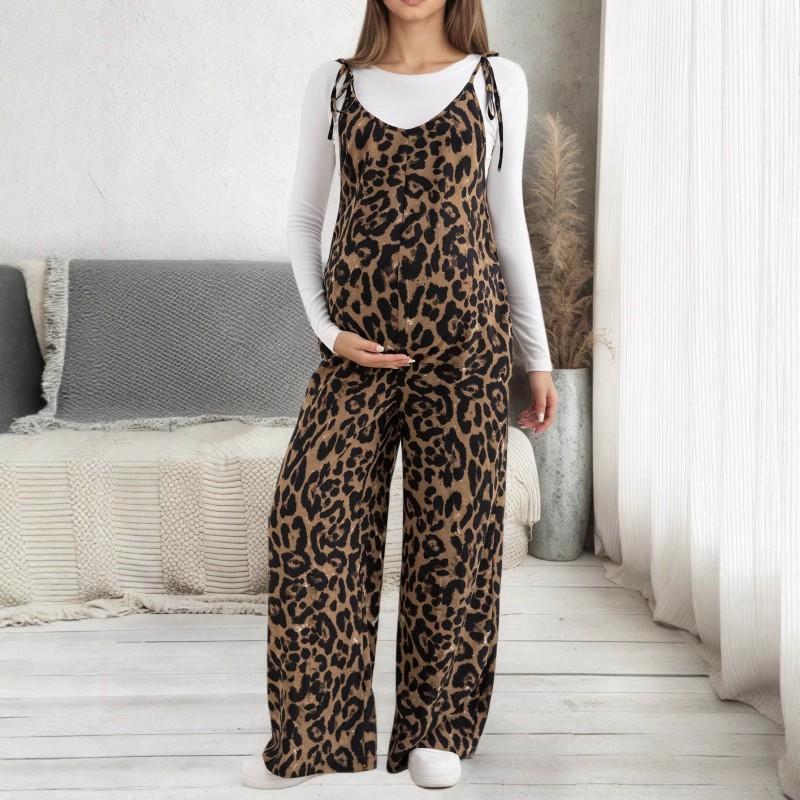 Maternity Leopard Print Adjustable Strap Wide Leg Jumpsuit Casual Comfortable Pregnancy Outfit
