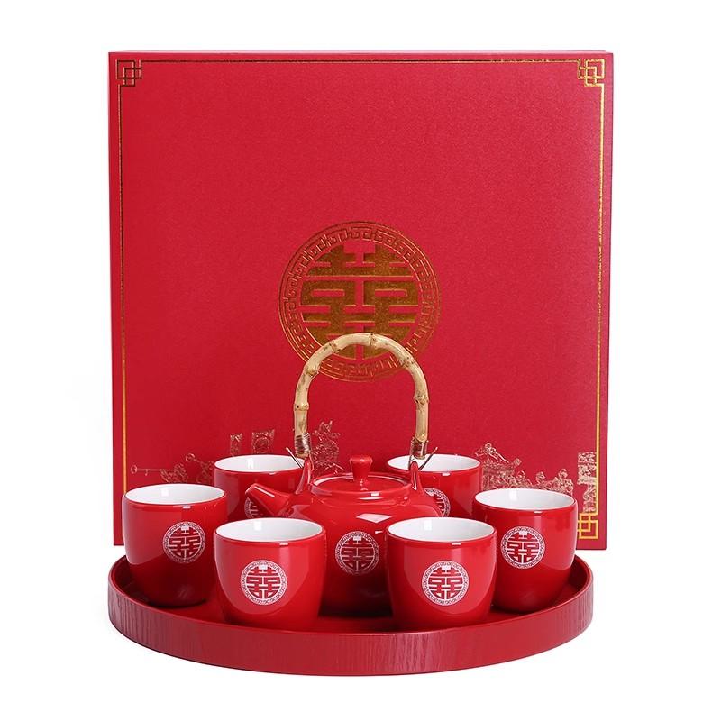 New Chinese Wedding Tea Set Red Ceramic Gifts for Couple Traditional Marriage Ceremony Tea Cups Bridegroom Bride Accessories