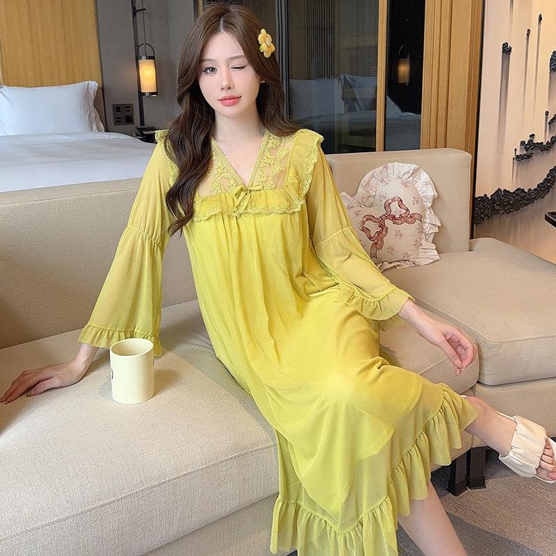Ling Lei Chunqiu Solid Color V-Neck Lace Bow Mesh Court Princess Style Medium Long Pajamas Pajamas Homewear