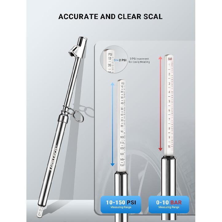 Dual Head Tire Pressure Gauge, Heavy Duty Extension Air Tire Gauge For Tire Pressure Range 10-150PSI 1-10BAR, Straight Foot Dual Head Chuck Auto