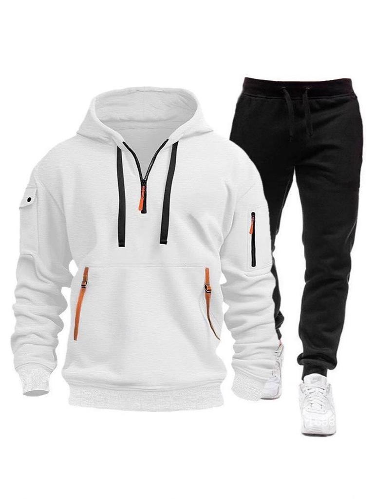 Men's Multi-Pocket Hoodie and Sweatpants Set - Solid Color, Spring/Autumn Sportswear
