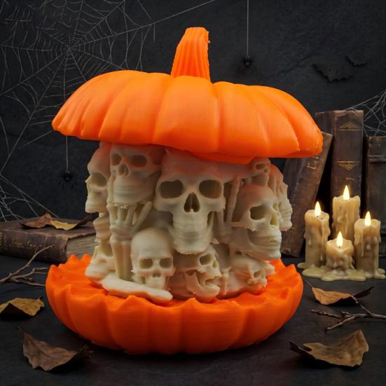 Horror Skull Pumpkin Decor 3D Printed Figurine, Gothic Skeleton Statue, Party Ornament Creepy for Home Office Holiday Statue