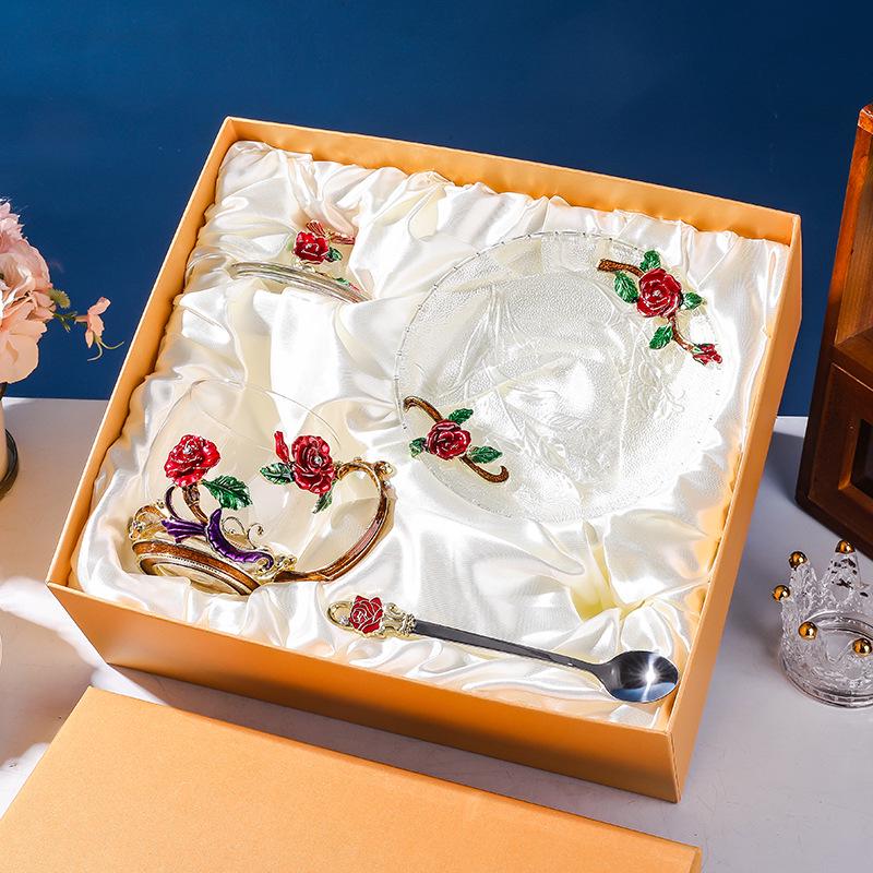 Colored Enamel Flower Glass Tea and Coffee Cup Set for Home and Office