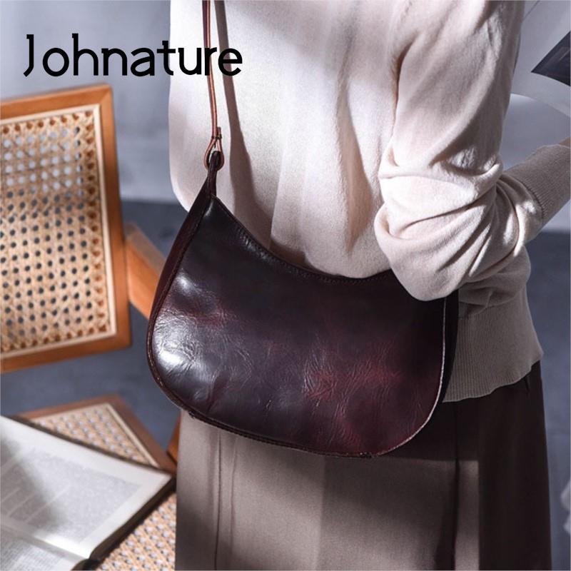 Johnature Vintage ručně vyráběná taška na sedlo z pravé kůže Módní taška do podpaží Univerzální dámské kabelky přes rameno a crossbody
