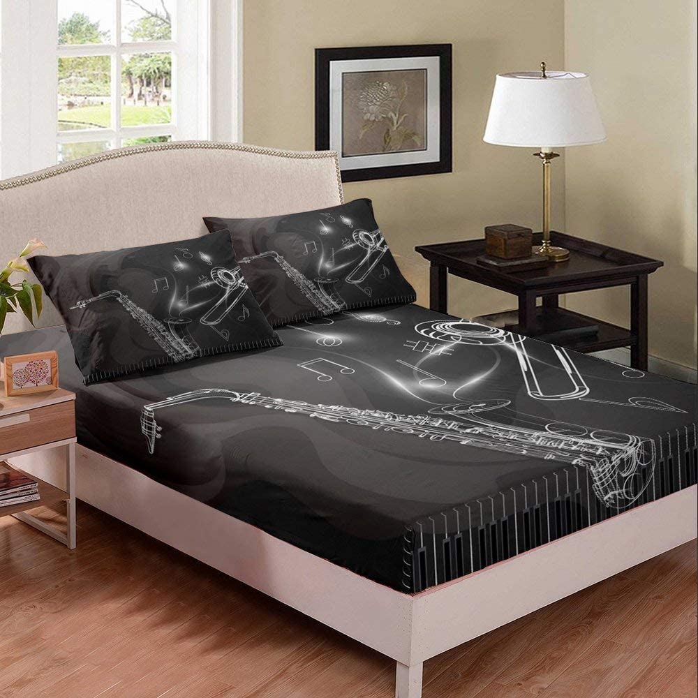 Music Notes Fitted Sheet & Pillow Sham Set Rock Music Themed Bedding Set Musical Pattern Bed Sheet Set Grunge Design Bed Cover