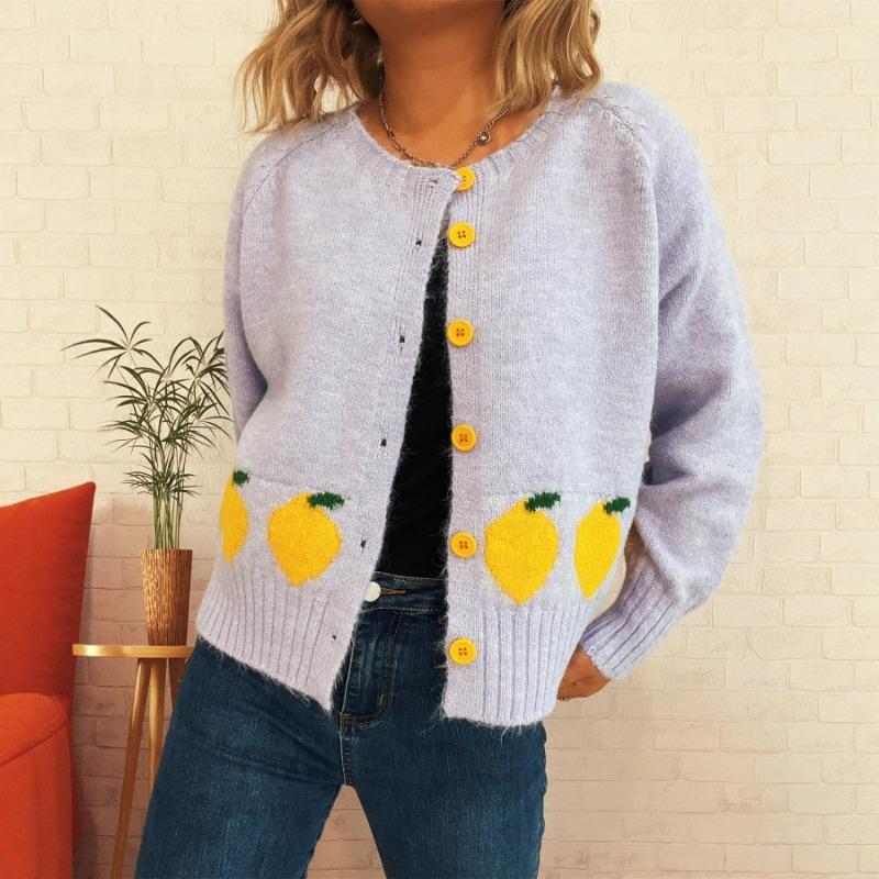 Women S Casual Long Sleeve Round Neck Lemon Jacquard Button Knit Cardigan Sweater