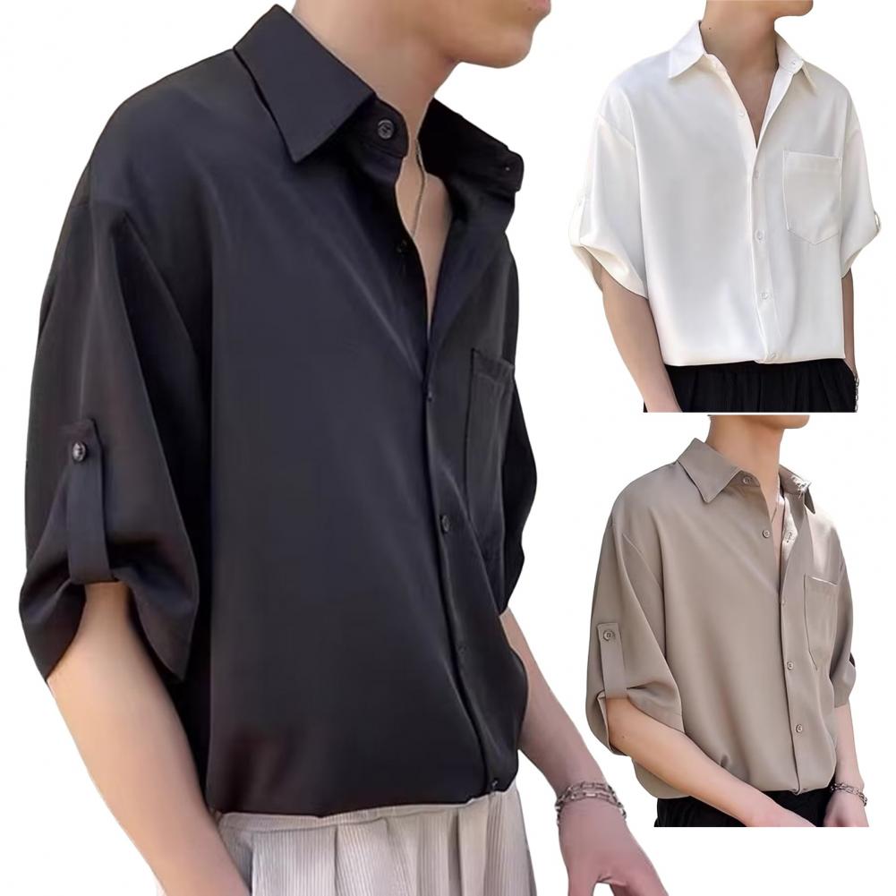 Men Summer Shirt Solid Color Buttons Lapel Half Sleeves Single-breasted Loose Chest Pocket Cufflink Soft Breathable Quick-drying