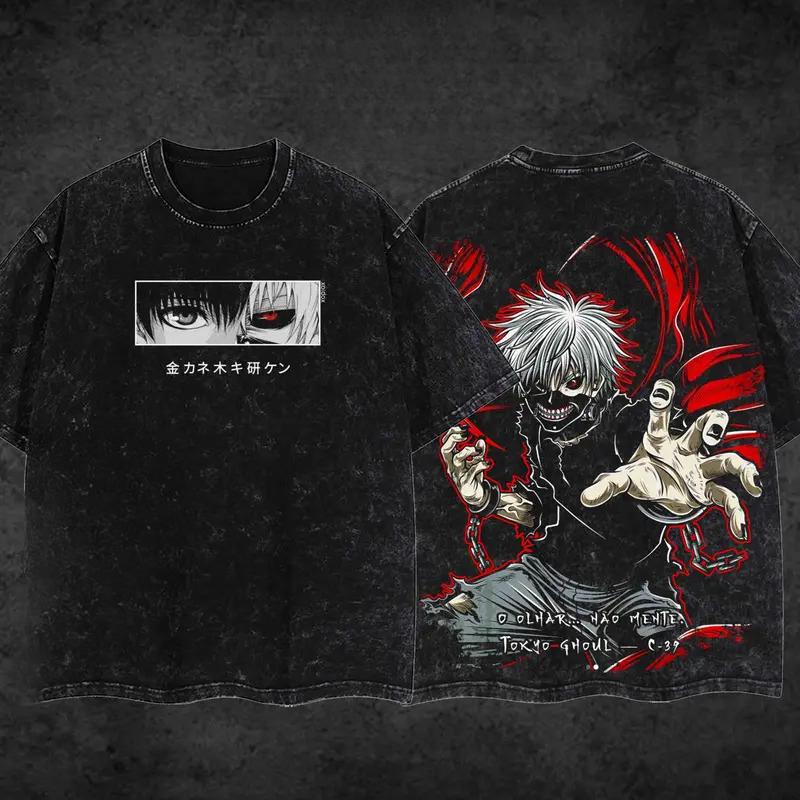 Kaneki Ken Tokyo Ghoul Clothing Men Short Sleeve Manga T-shirts Vintage Washed T Shirt Casual Loose Cotton Tee Harajuku Tshirt