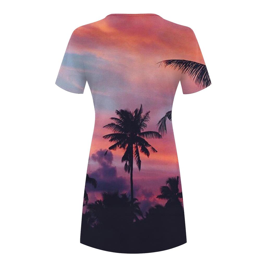 Summer Beach Dresses For Women Round Neck Printed Short Sleeve Dress