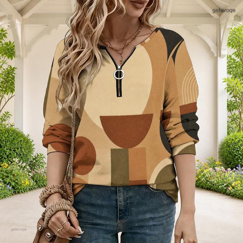 Women Plus Size Beige Brown Geometric Printed V Neck Half Zip Long Sleeve Sweatshirt
