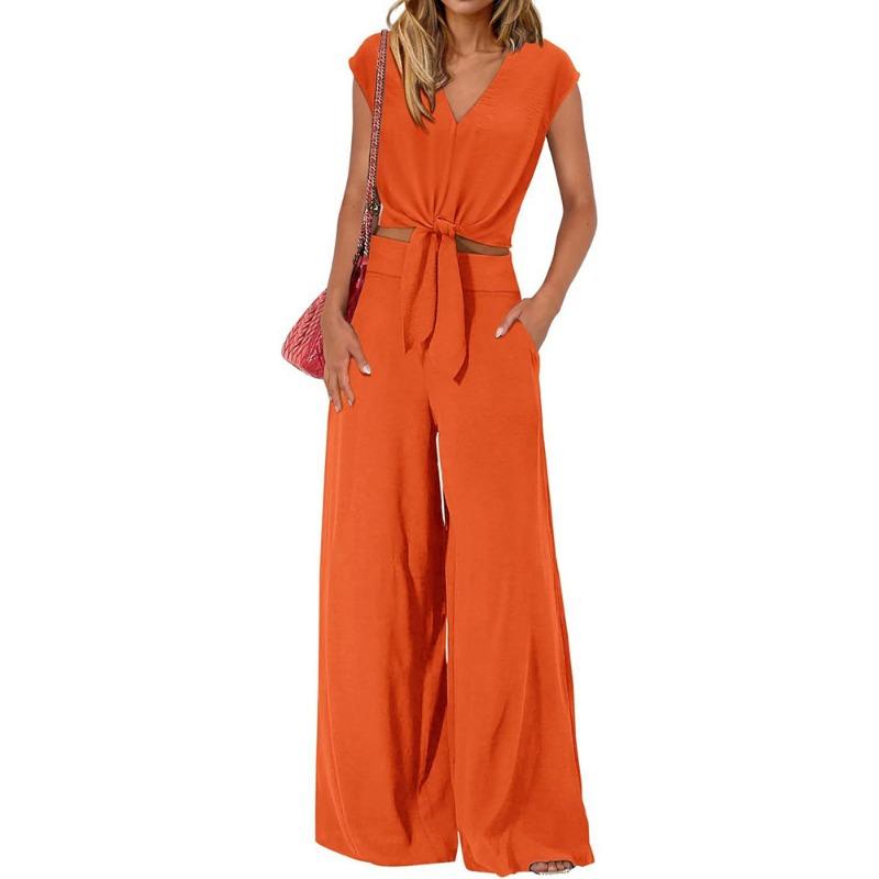 JKASHDK Women's Fashion Casual Summer Spring Solid Color Print Sleeveless V-Neck Trousers Pants Suits