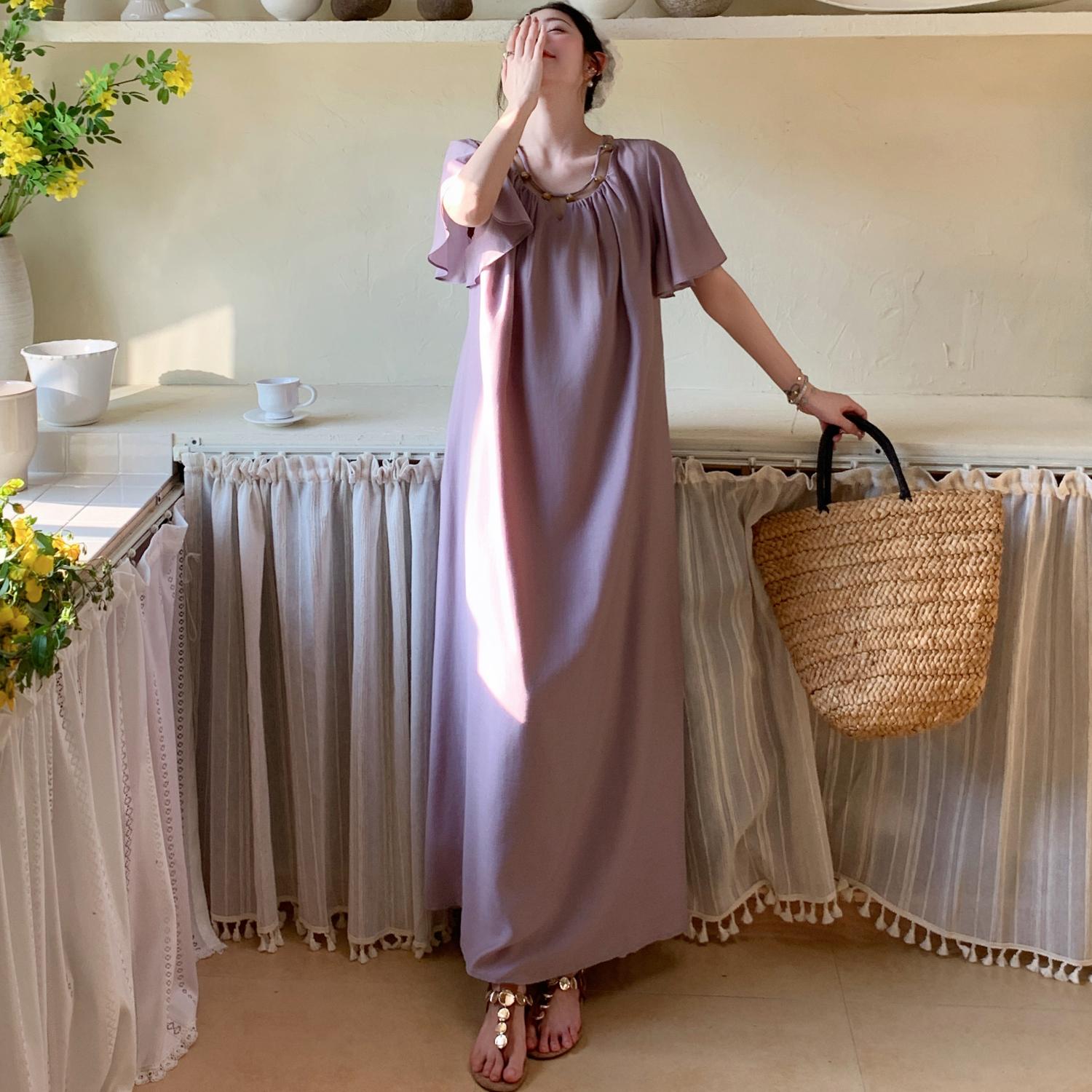 

Dimanaf 2025 Летнее Платье Большого Размера Женское Винтажное Платье Базовое Длинное Элегантное Свободное Повседневное Плиссированное Платье 3XL фиолетовый