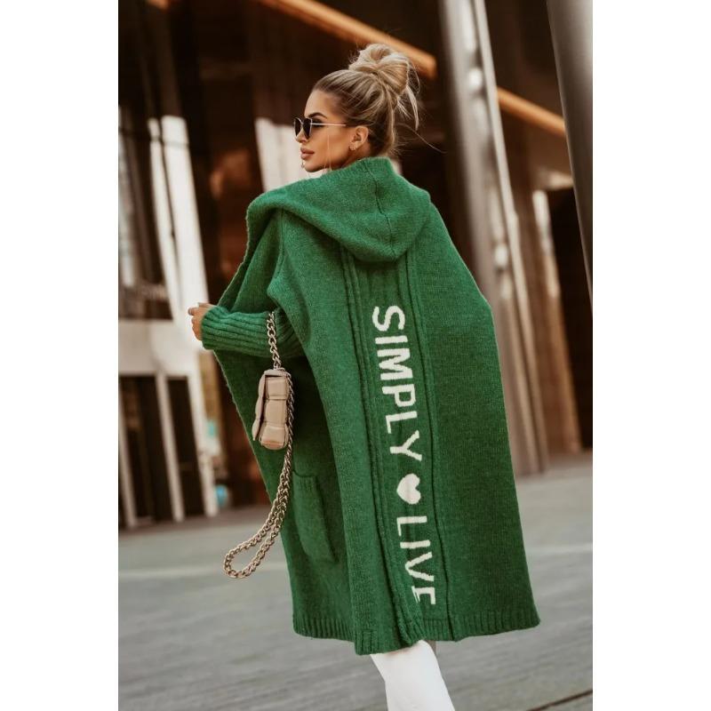 Letter Hooded Cardigan Knit Sweater Women Autumn Winter Loose Long Sleeve Coat Long Knitted Jacket Pocket Overcoat Office Lady